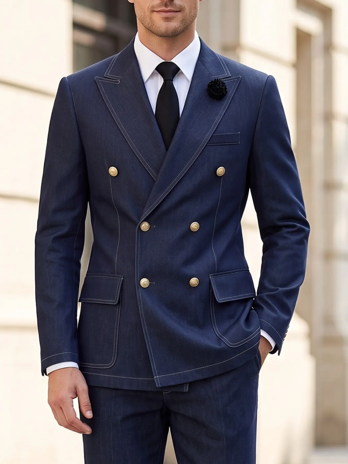 Ainwear Men Dark Navy Double Breasted Blazer Jacket, Buttons, Pocket, Fitted Casual Style, All Seasons Wear, Business & Weddings