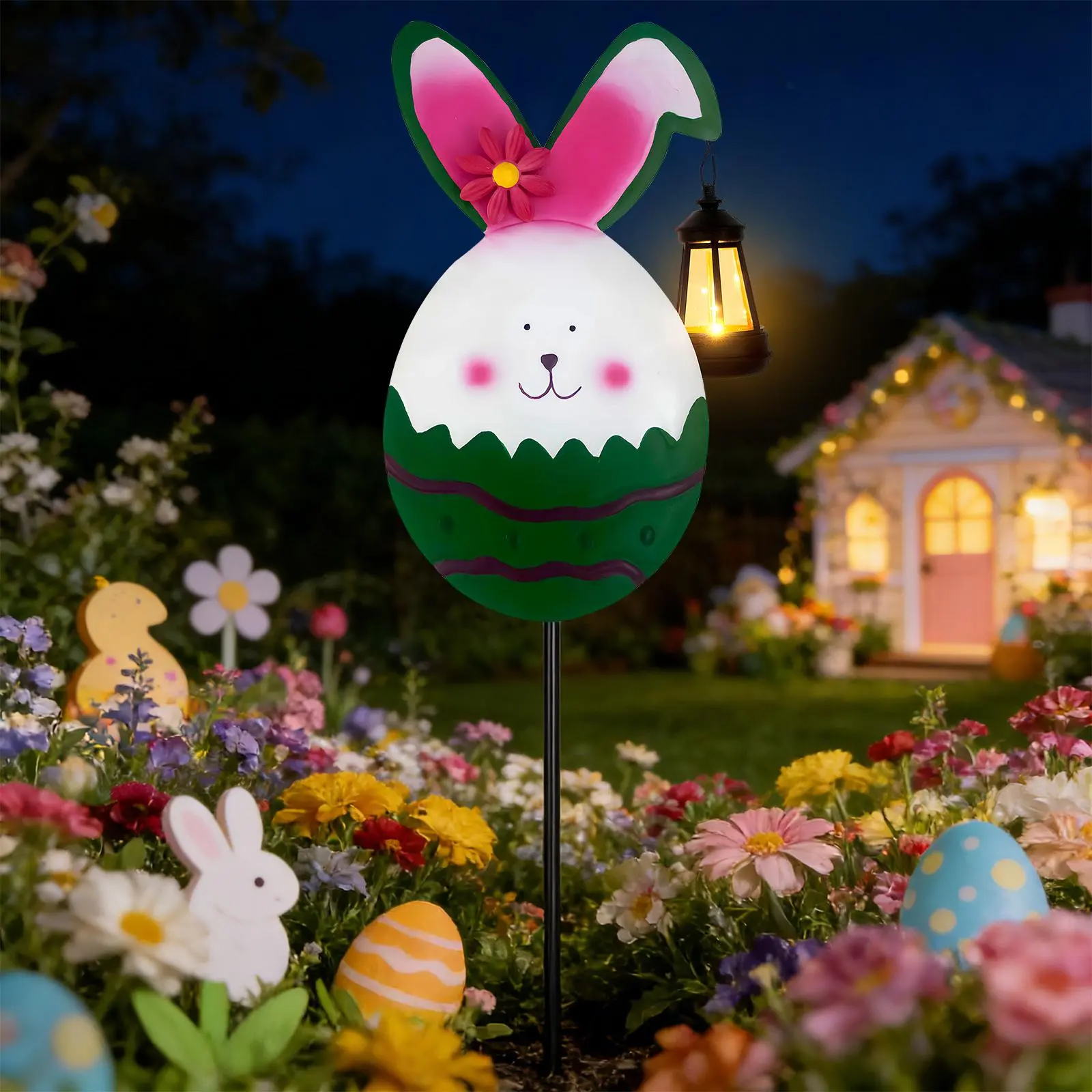 Solar-Powered Easter Garden Bunny Lights with Stakes, Jumbo Funny Bunny & Egg Decor, Outdoor Lawn-Patio Party Supplies for Easter-Spring Home Festive Displays