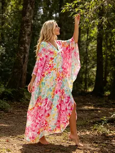 Women's Plus Size Long Dress, V Neck Batwing Sleeve Beach Cover-Up, Summer Floral Print Dress, Casual Fashion Apparel