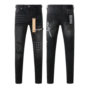 Men's High Cotton Black Skinny Denim Jeans, Cross Rhinestone Studded Back Graphic Print Ripped Distressed Pants, Punk Hip Hop Streetwear Slim Fit Drawstring Waist Jean Trousers