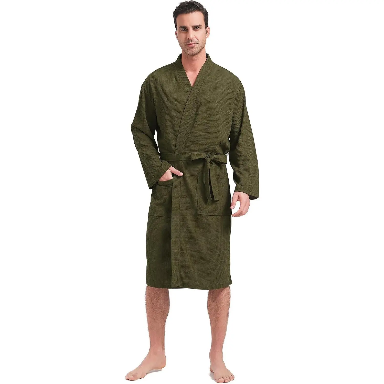 FashGudim Mens Lightweight Waffle Knit Robe Soft Kimono Spa Bathrobes Knee Length Summer Robes