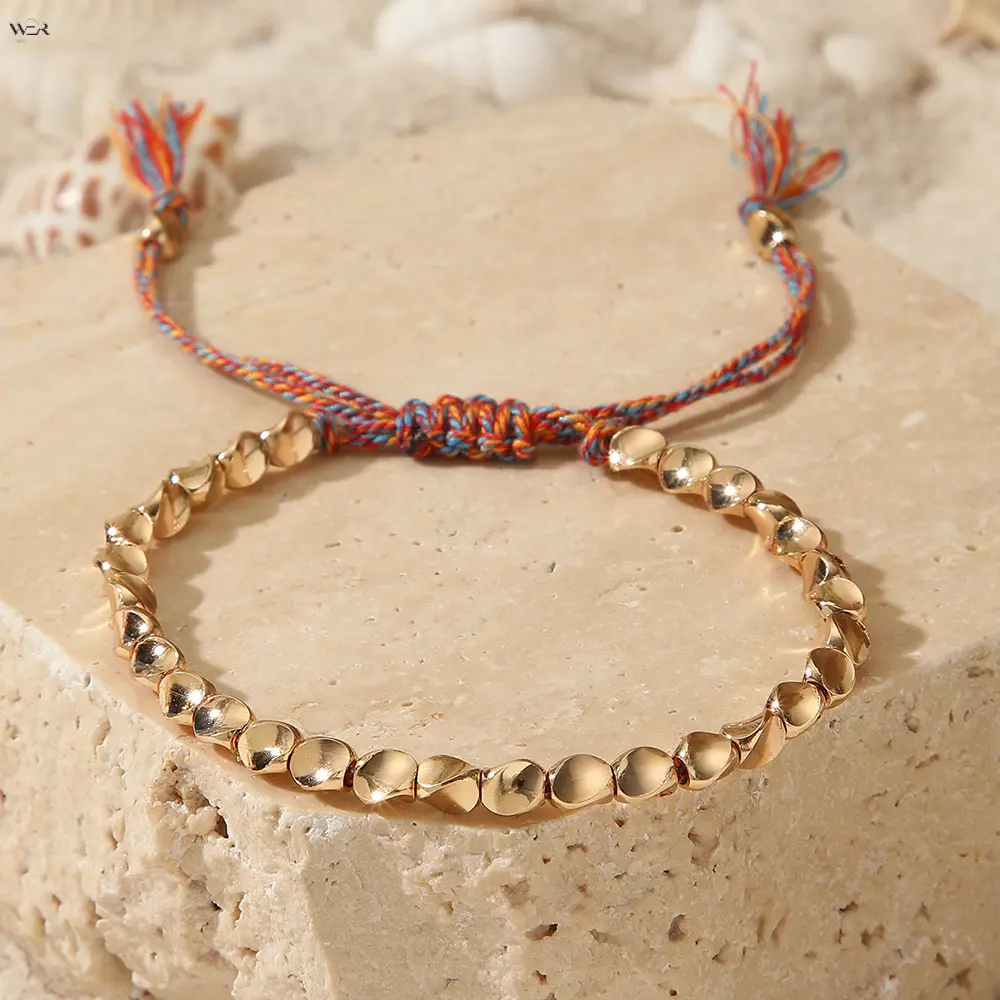Adjustable Twisted Metal Bead Drawstring Bracelet, Boho Colorful Tassel String Sliding Knot Wrist Band, 3 Tone Silver Gold Two-Tone Minimalist Summer Beach Bracelet for Women