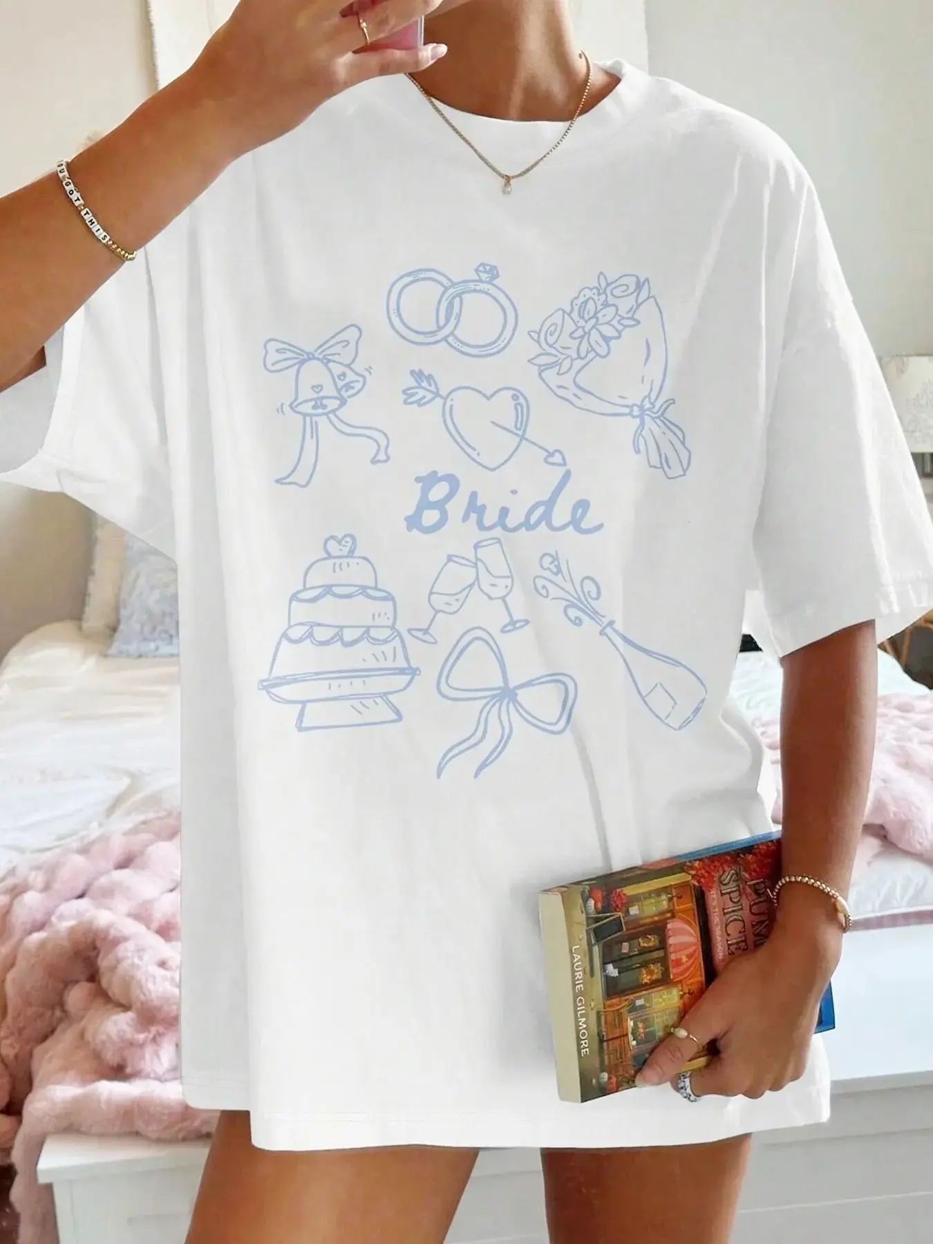 Light Blue Hand-Drawn Wedding Elements Bride Print Short Sleeve T-Shirt, Loose-Fit Drop Shoulder Bridesmaid Top, Casual Party Wear