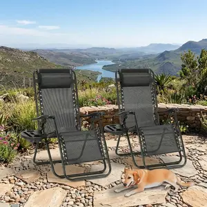 2 Pack Zero Gravity Folding Chaise Lounge Chairs with Pillows & Cup Holders Adjustable Reclining Backrest Heavy Duty Steel Frame Breathable Mesh Outdoor Sun Tanning Recliners for Beach Yard Patio Poolside