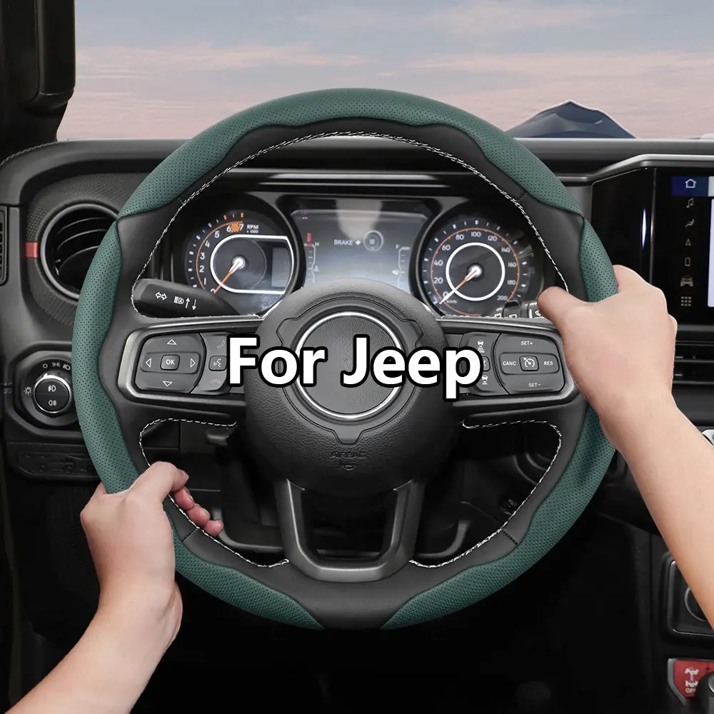 For Jeep Steering Wheel Cover, Automotive, Perforated Breathable Leather Segmented Design Ultra-Thin Style For Grand Cherokee/Compass/Wrangler/Renegade/Avenger/Grand Wagoneer/Gladiator/Commander/Cherokee Black Burgundy
