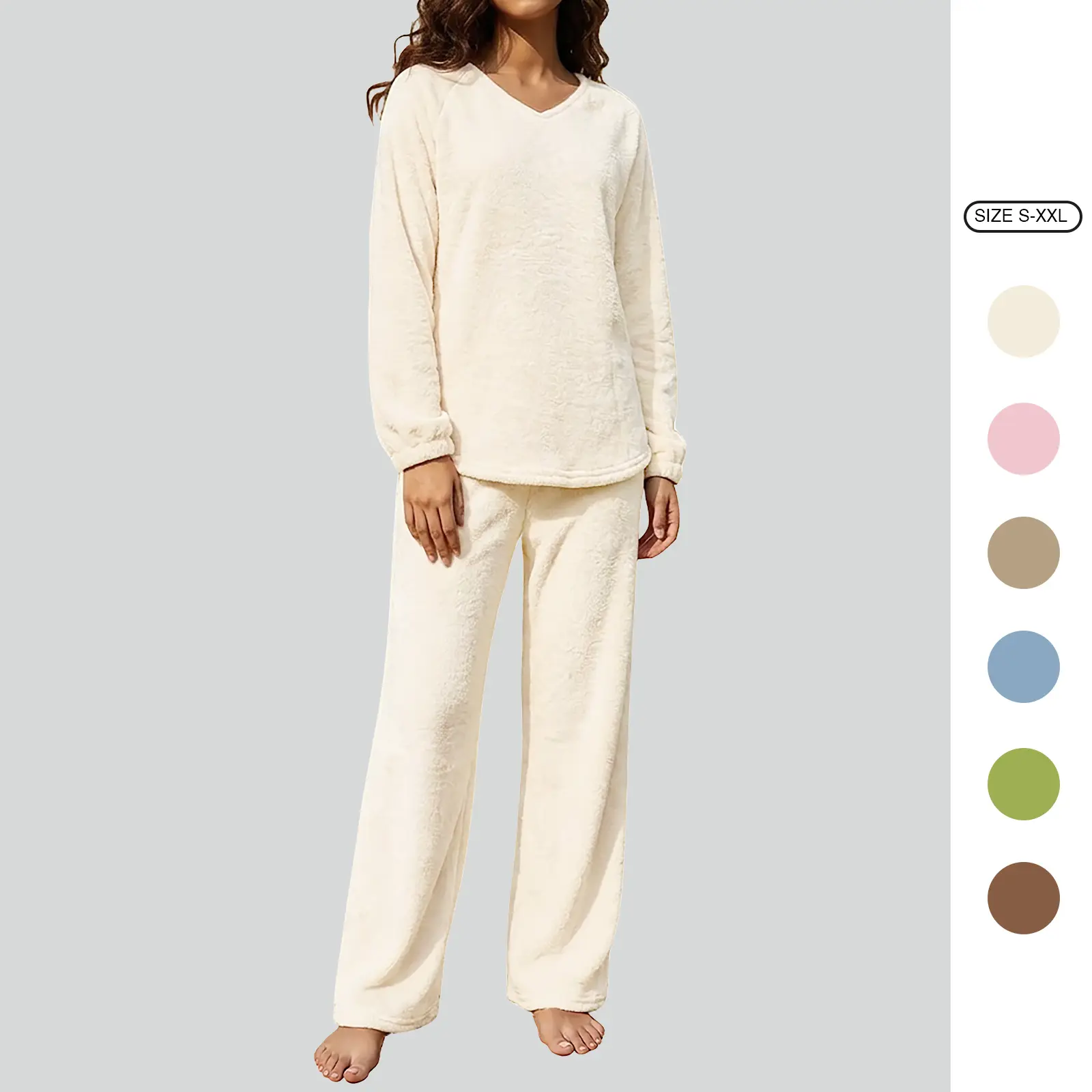Imily Bela Women's Fall Winter Trendy Fleece Loungewear Set, Casual Cozy Chic V Neck Pullover Long Sleeve 2-Piece Pajama Outfit