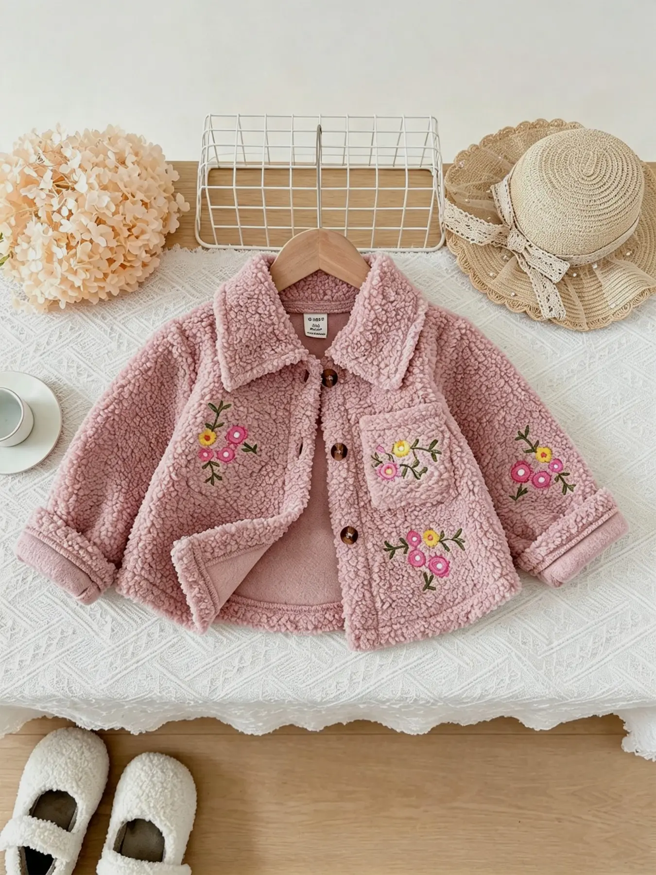 Girls' Soft Floral Embroidered Teddy Fleece Coat, Baby Girl Turn-Down Collar Single Button Warm Fuzzy Jacket, Daily Wear Outerwear