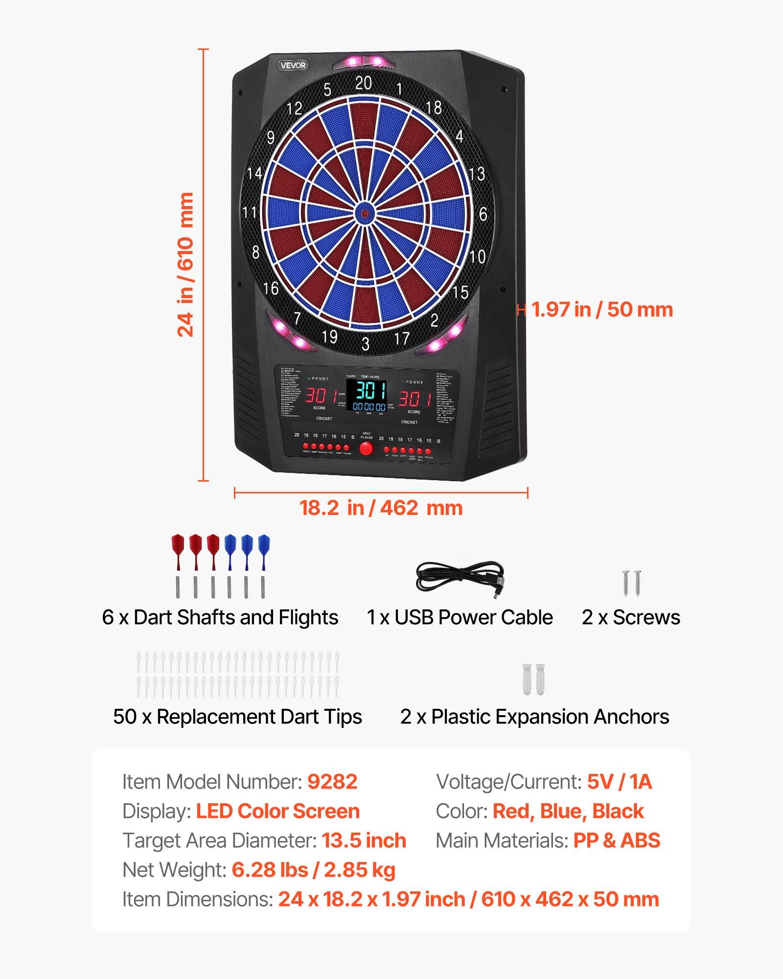 VEVOR Electronic Dart Board, 13.5" Target Dartboard with 45 Games & 474 Variations for Up to 8 Players, 6 Dart Shafts with Flights & 50 Soft Tips, Color LED Cricket Scoring Screen for Home Party Bar VEVOR Electronic Dart Board, 13.5" Target Dartboard with 45 Games & 474 Variations for Up to 8 Players, 6 Dart Shafts with Flights & 50 Soft Tips, Color LED Cricket Scoring Screen for Home Party Bar