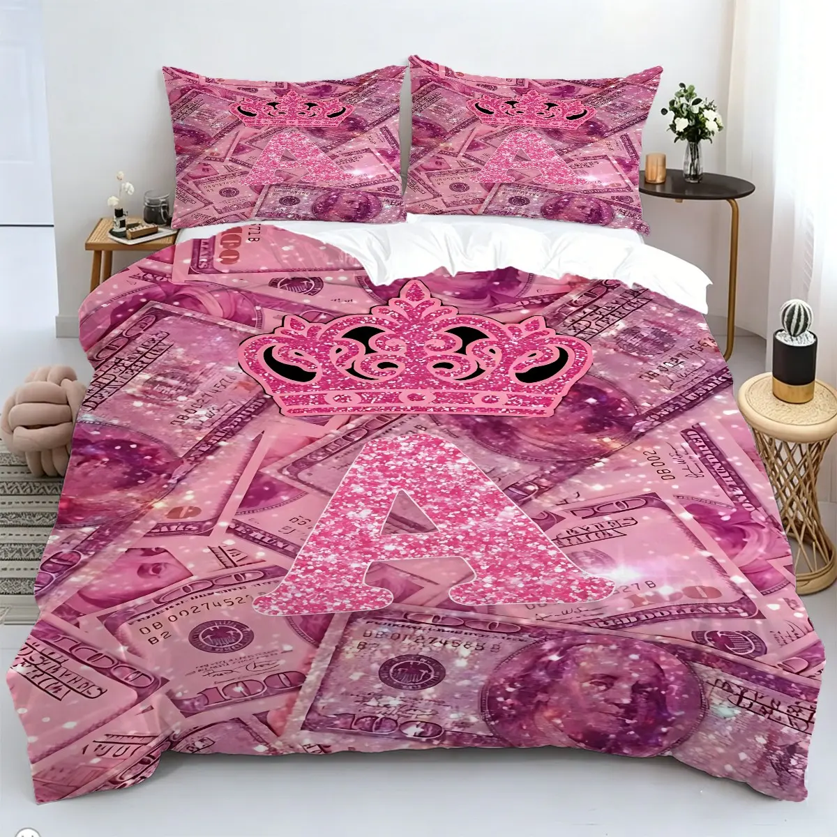 2/3Pcs Pink Glittery Crown and Us Dollar Initials A-Z Printed Duvet Cover Set, Decorative Bedding Set, Soft and Breathable Bedding Set (1 Duvet Cover, 1/2 Pillowcases, Without Pillow Core), Zipper Closure, Suitable for Girls' Bedrooms, Dormitories