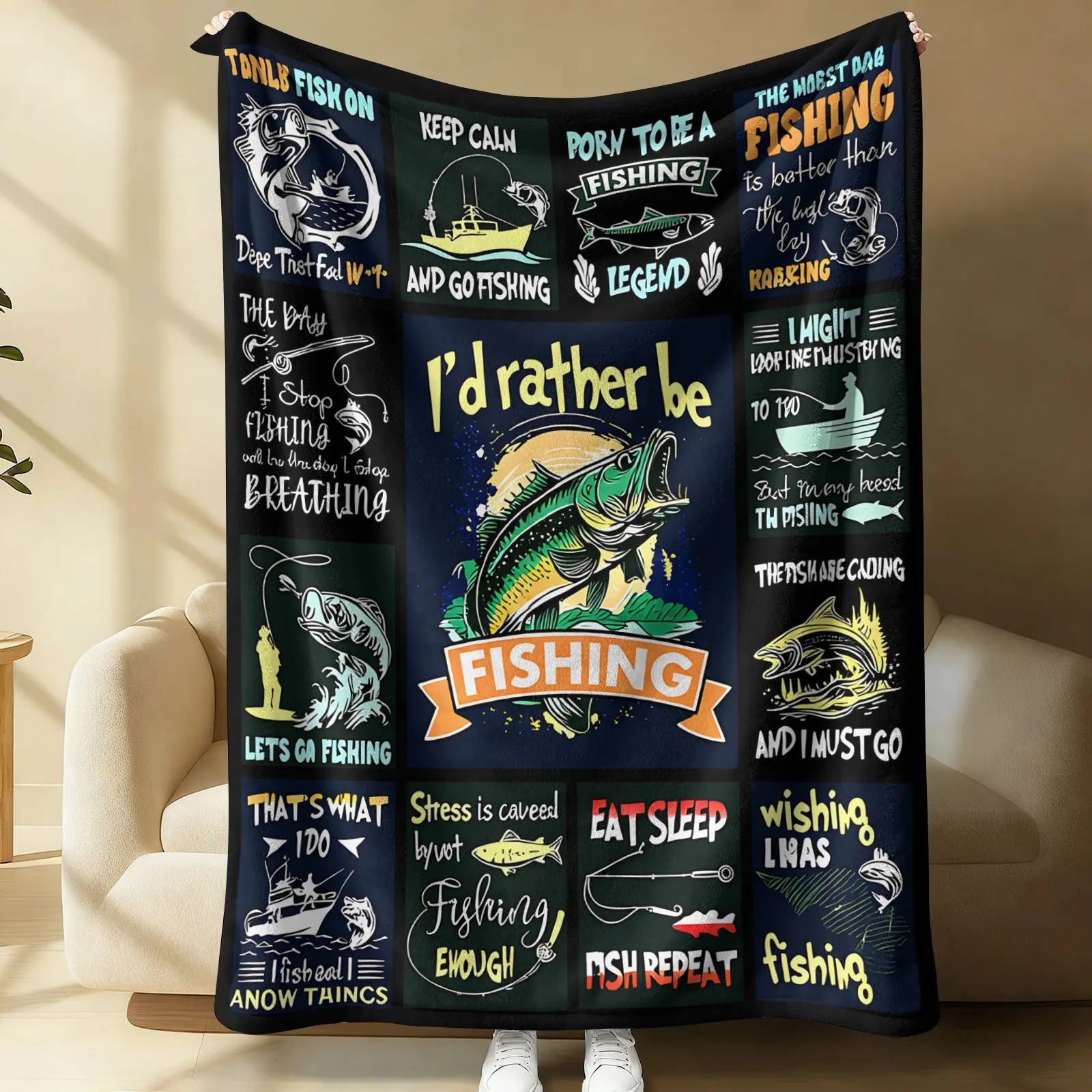 1Pc Men's Fishing Themed Flannel Blanket Gift, Soft and Comfortable Fishing Throw Blanket, Fun Fish Pattern Suitable for Boys and Fishermen, Outdoor Camping Sofa Bed Home Decor Holiday Present Blanket