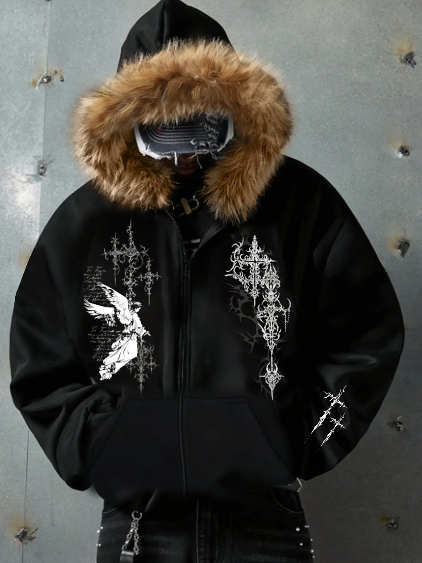 Men's Fall Winter Faux Fur Hooded Zipper Jacket, Detachable Faux Fur, Casual Streetwear Style, Gothic Print, Long Loose Fit Outerwear