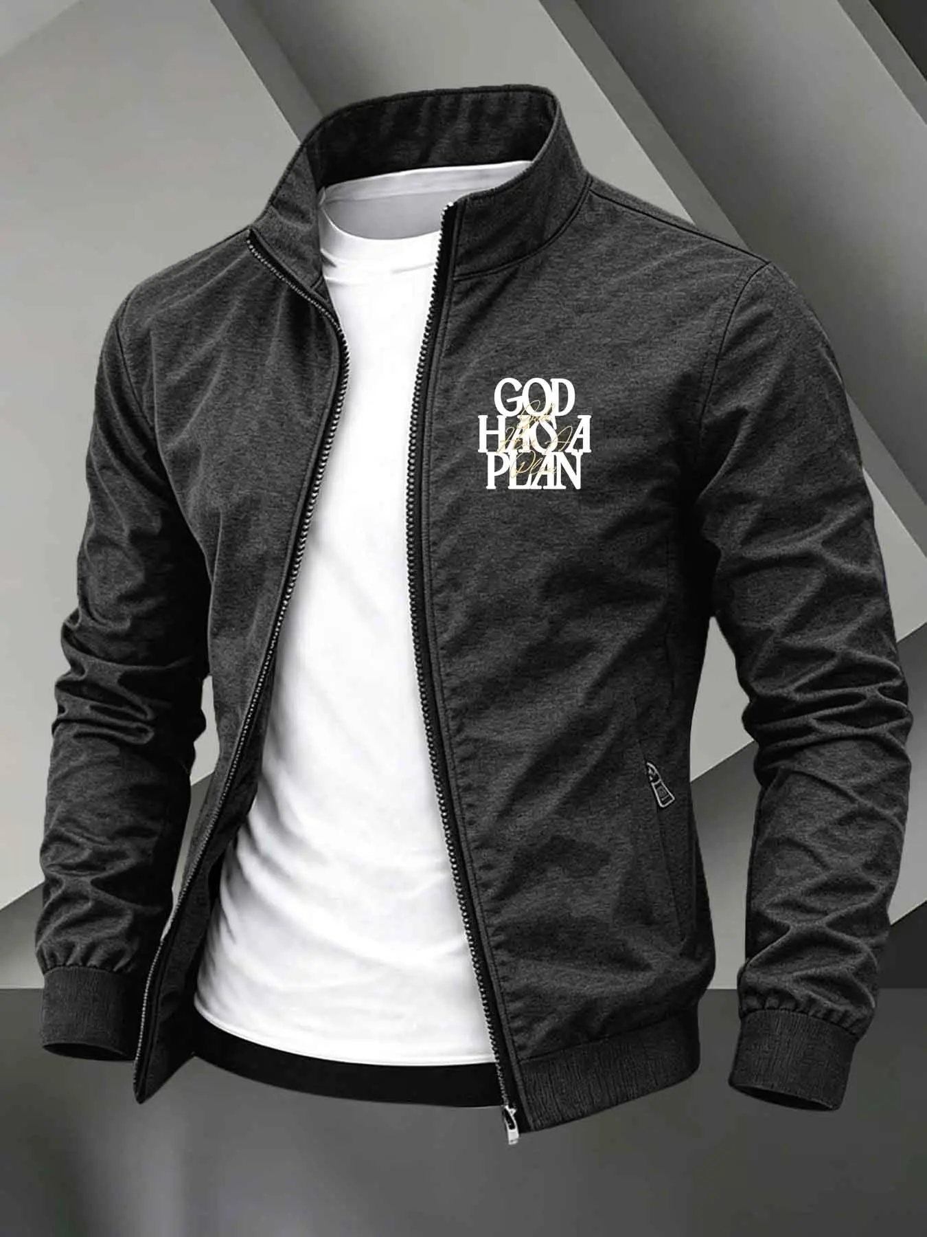Men's Stand Collar Zip Up Lightweight Windbreaker Jacket, Collared Zipper Jacket, Graphic, 'GOD HAS A PLAN' Letter Front Print Christian Faith Casual Street Outerwear, Rib Cuff Daily Windproof Coat