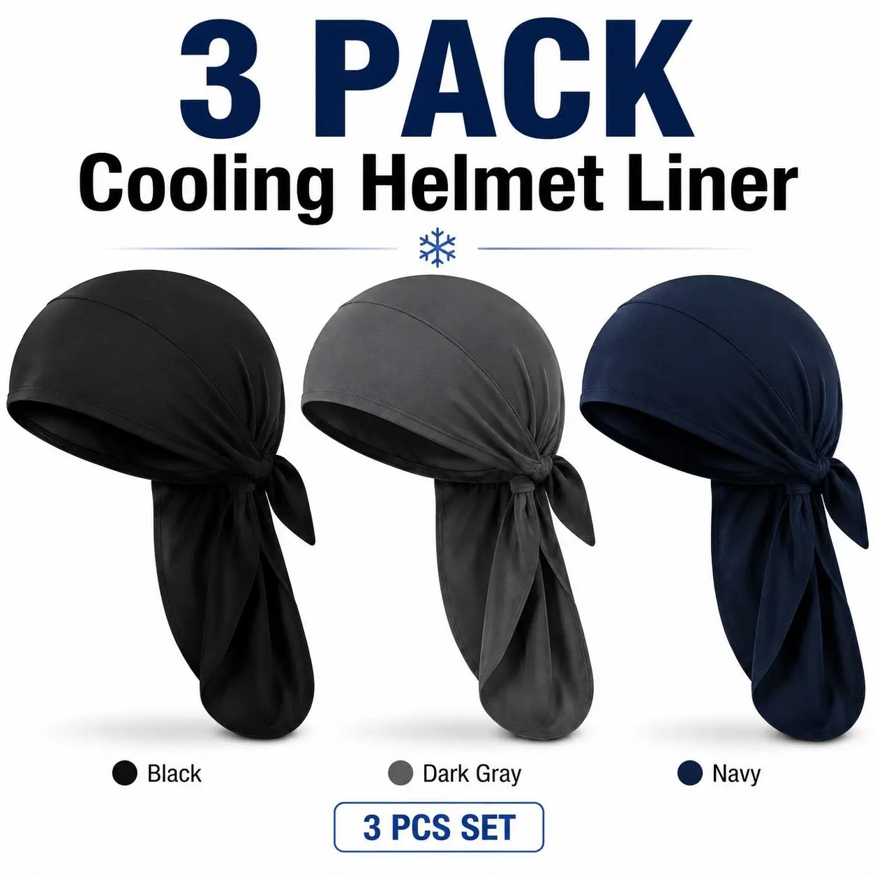 3 Pack Cooling Helmet Liner , Do Rag Skull Cap for Men, Motorcycle Head Wrap, Sweat Wicking Bandana, UPF50+ Sun Protection, Black Dark Gray Na