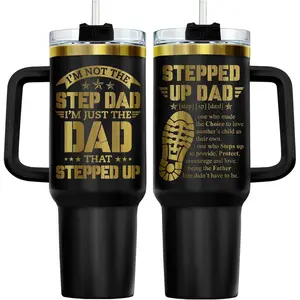 Bonus Dad Tumbler with Handle 40oz, Stepped Up Dad Travel Coffee Tumbler from Daughter Son, Meaningful Stepfather Gifts, Present for Bonus Father, Men, Husband, Daddy on Father's Day, Birthday