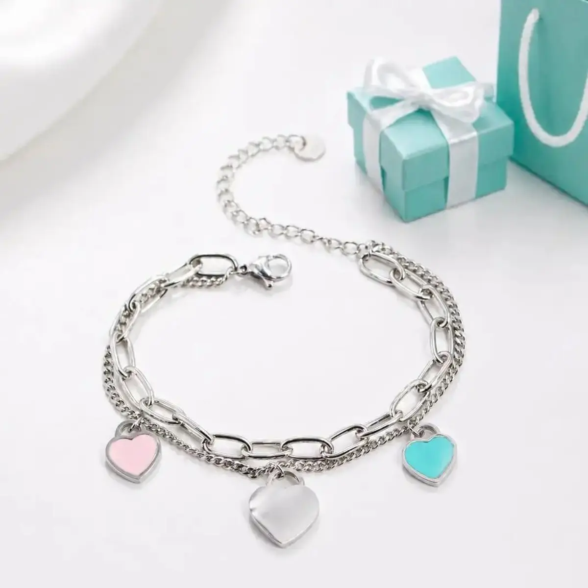 Women's Timeless Love Charm Bracelet - Dainty Soft and Feminine Layered Stack Wrist Jewelry, Minimalist Enamel Heart Locks, Trendy Double-Chain Design, Versatile Everyday Wear Accessory, Perfect for Gifting
