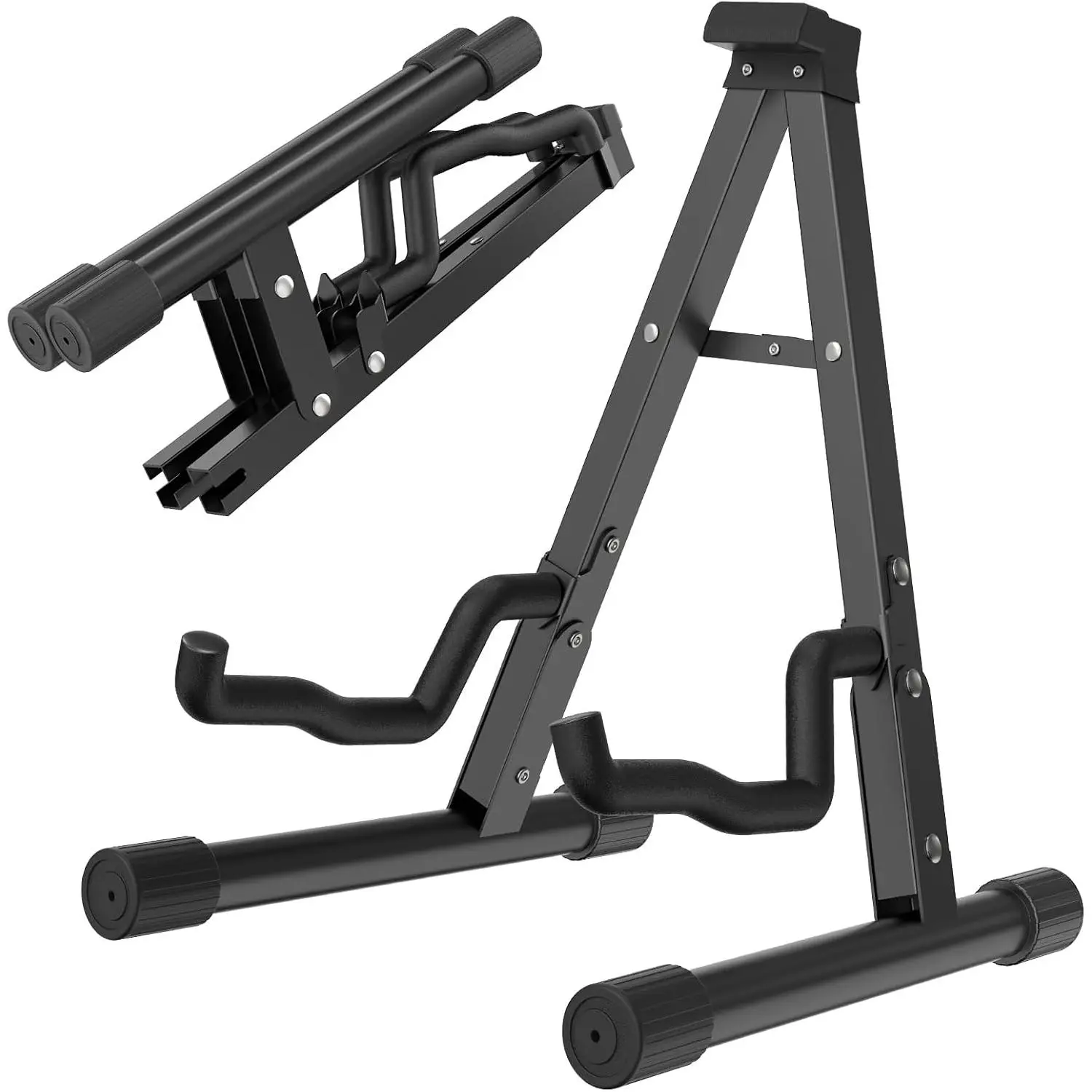 Guitar Stand - Electric, Acoustic and Bass, Banjo Stand, A-Frame Metal Folding Guitar Rack with Non-Slip Rubber Sleeves and  Arms Black