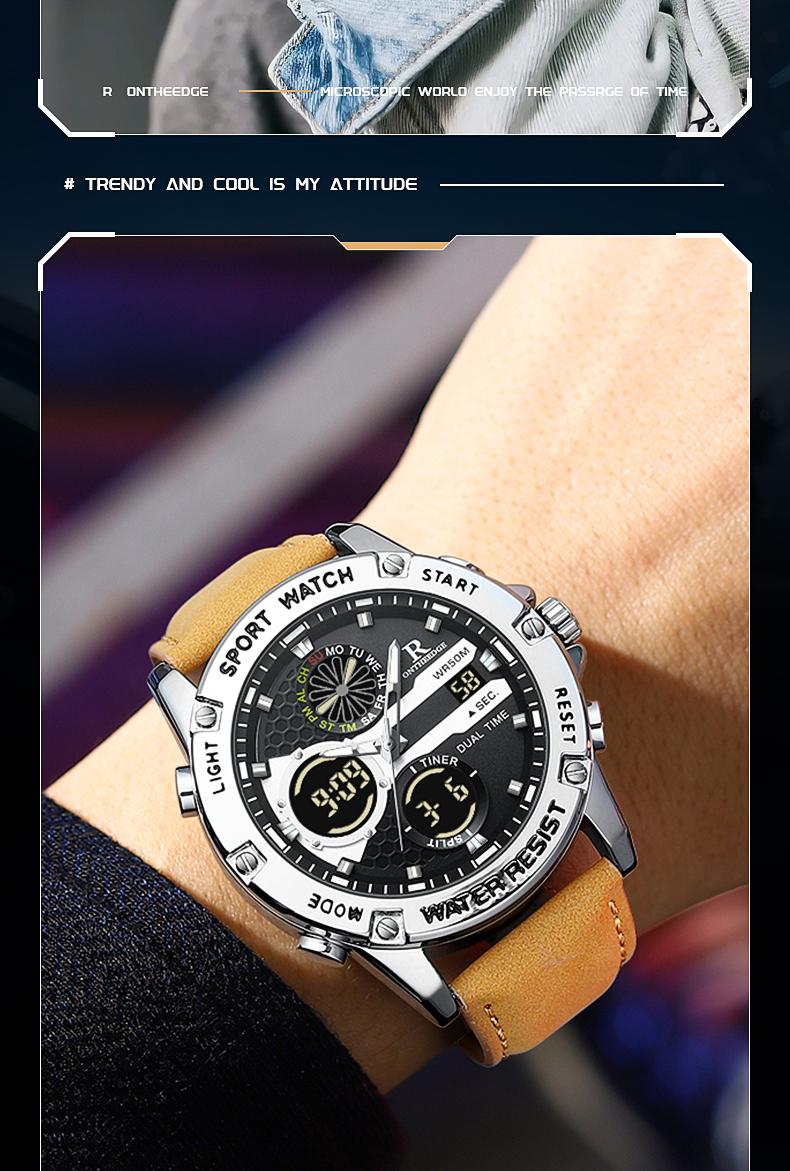 Men's Military Sport Digital Analog Quartz Watch - 50M Waterproof Wristwatch with LED Backlight, Dual Time, Alarm, Stopwatch, Tactical Outdoor Watch for Men, Brown Leather Strap, Perfect Gift for Him