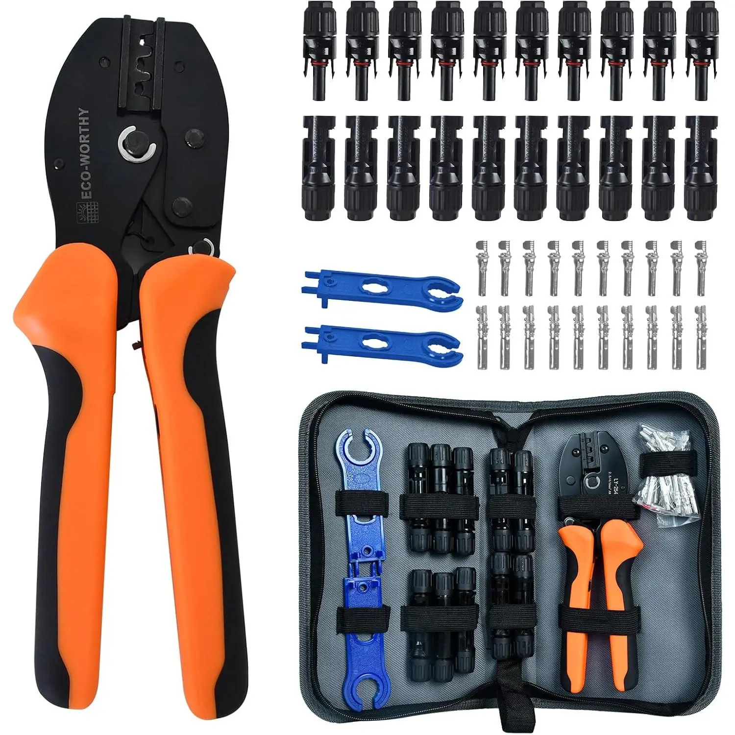 Eco-friendly solar crimping tool set, 13-piece solar tool set - includes crimping pliers, 10 pairs of solar connectors, 2 pairs of solar connector wrenches, for solar panel cable assembly and installation