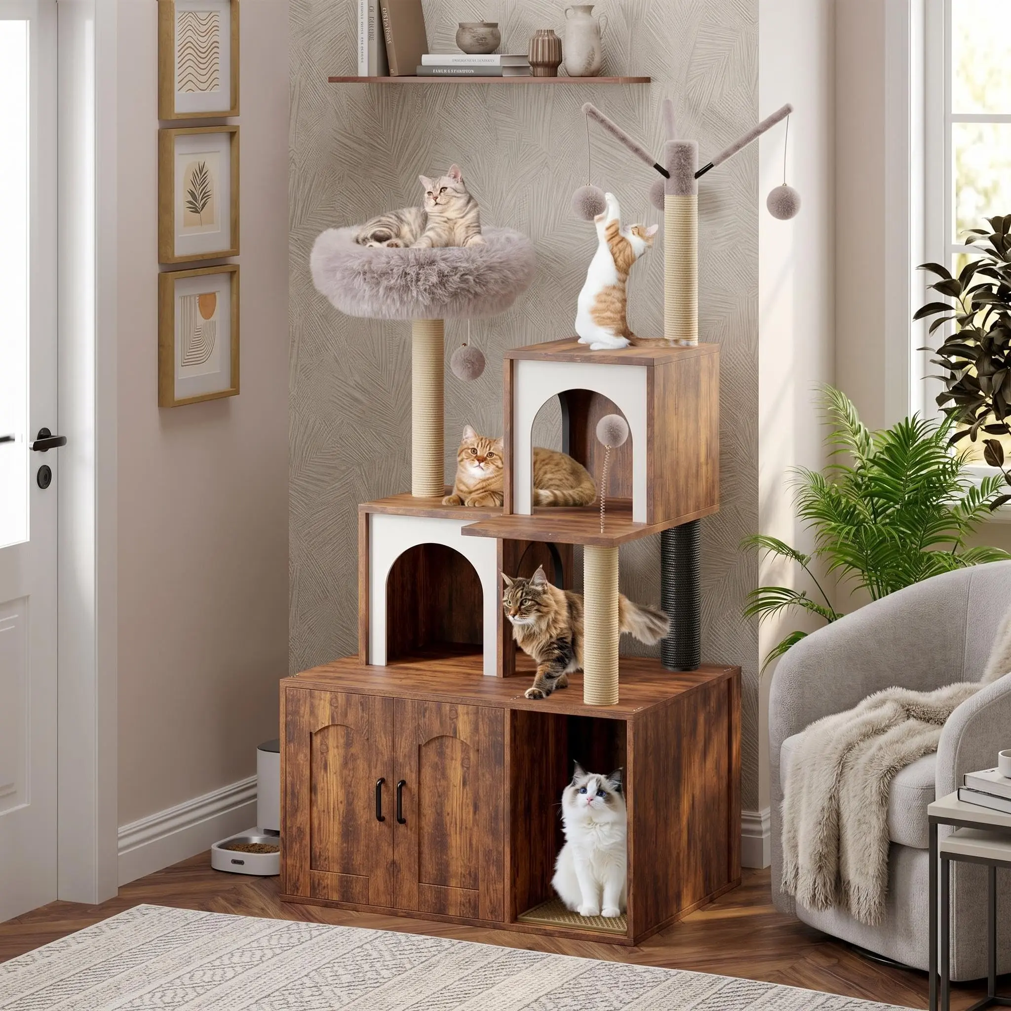 Space-Saving Cat Condo – 2-in-1 Litter Box Enclosure & Tree with Scratching Posts – Hidden Cabinet, Washable Cushion
