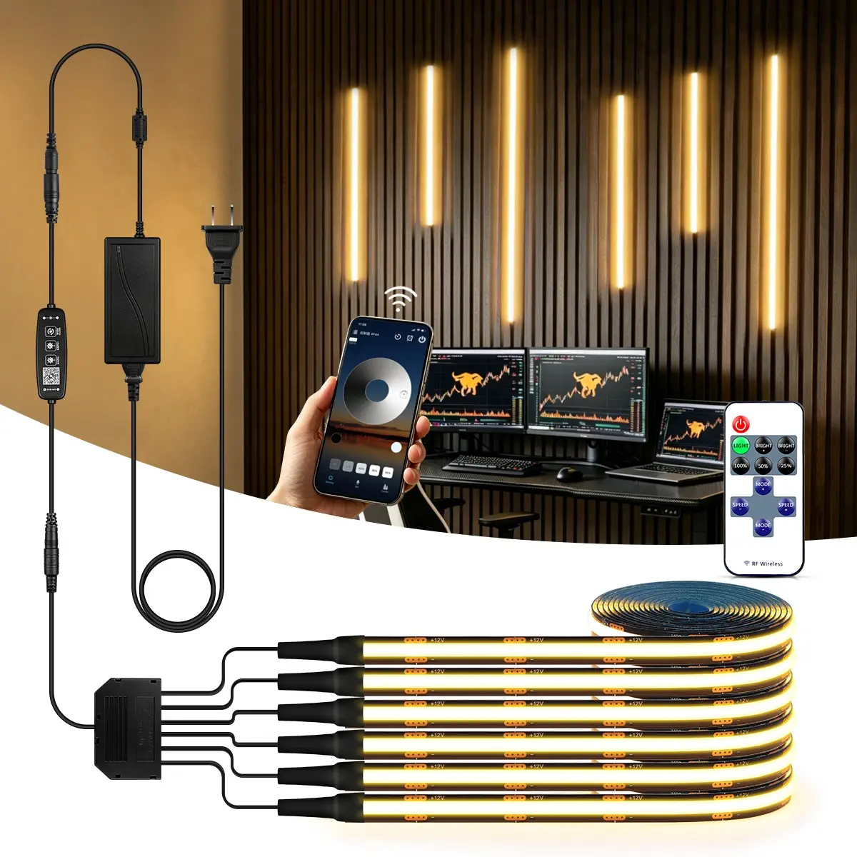 2M Smart COB LED Strip Lights US Plug, Bluetooth App & Remote Control, App Controlled Led, Dimmable Backlight for TV, Cabinets, Bookshelves & Wall Decor