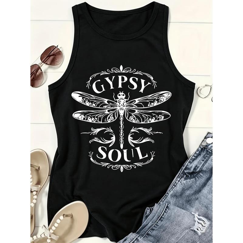 Women's Classic Crew Neck Stretchy Tank Top Apparel - Gypsy Dragonfly Soul Graphic Print, Rayon-Elastane Fabric, Relaxed Fit, Non-See-Through, Cold Wash Only, Halloween-Christmas Aesthetic Street Style Vest