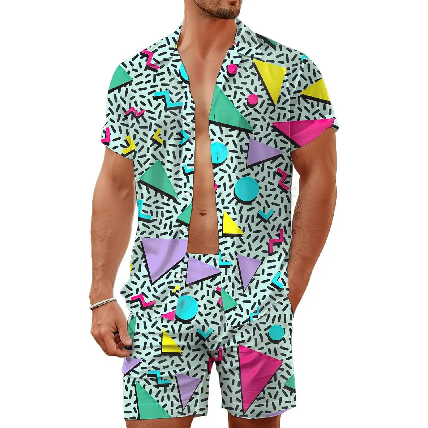 Men's 2-Piece Tropical Hawaiian Outfits - Button-Down Shirt & Shorts Sets, Menswear for 80s-90s Disco Party, Beach Day, Birthday Events, Sunglasses-Compatible Attire, Beachwear, Shortsleeve, Polyester, Print, Casual, Shirt Set
