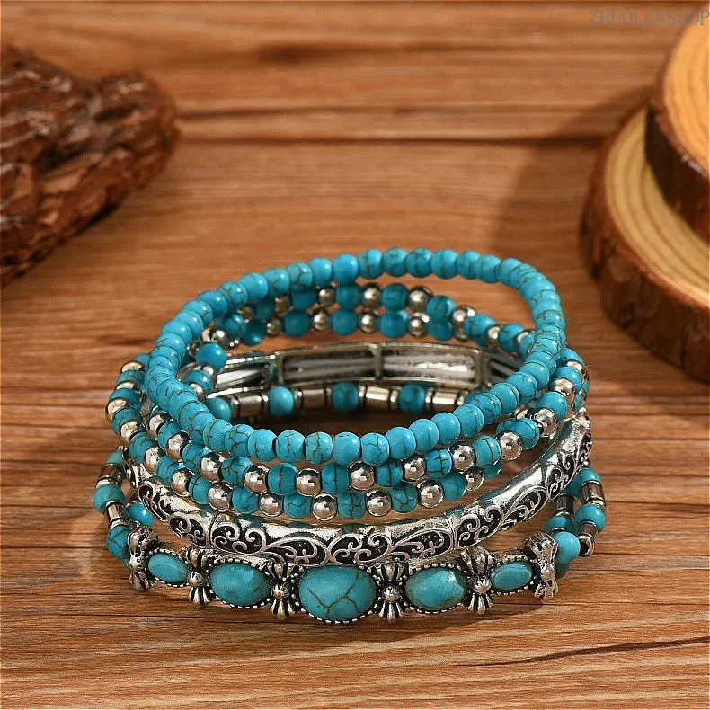 5-Piece Western Cowboy Bracelet Set, Unisex Boho Beaded Jewelry with Turquoise Accents, Elastic Stackable Bands for Daily Wear & Cowboy Themed Party, Beaded Look, Bohemian, Holiday, Vintage, Layered, Beaded Set