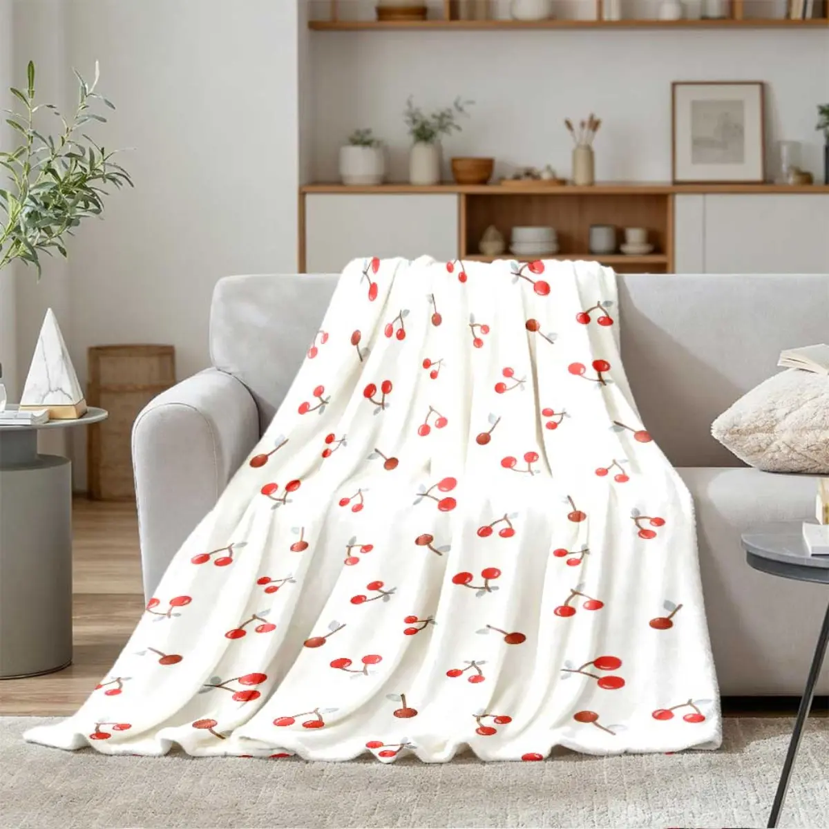 Double-sided Flannel Blanket, Cherry Print, Four Seasons Universal Soft Sofa Blanket on White Background, Lightweight and Comfortable Bed Blanket, Sofa Blanket, Picnic Blanket, Gift Fun Design Sofa Blanket