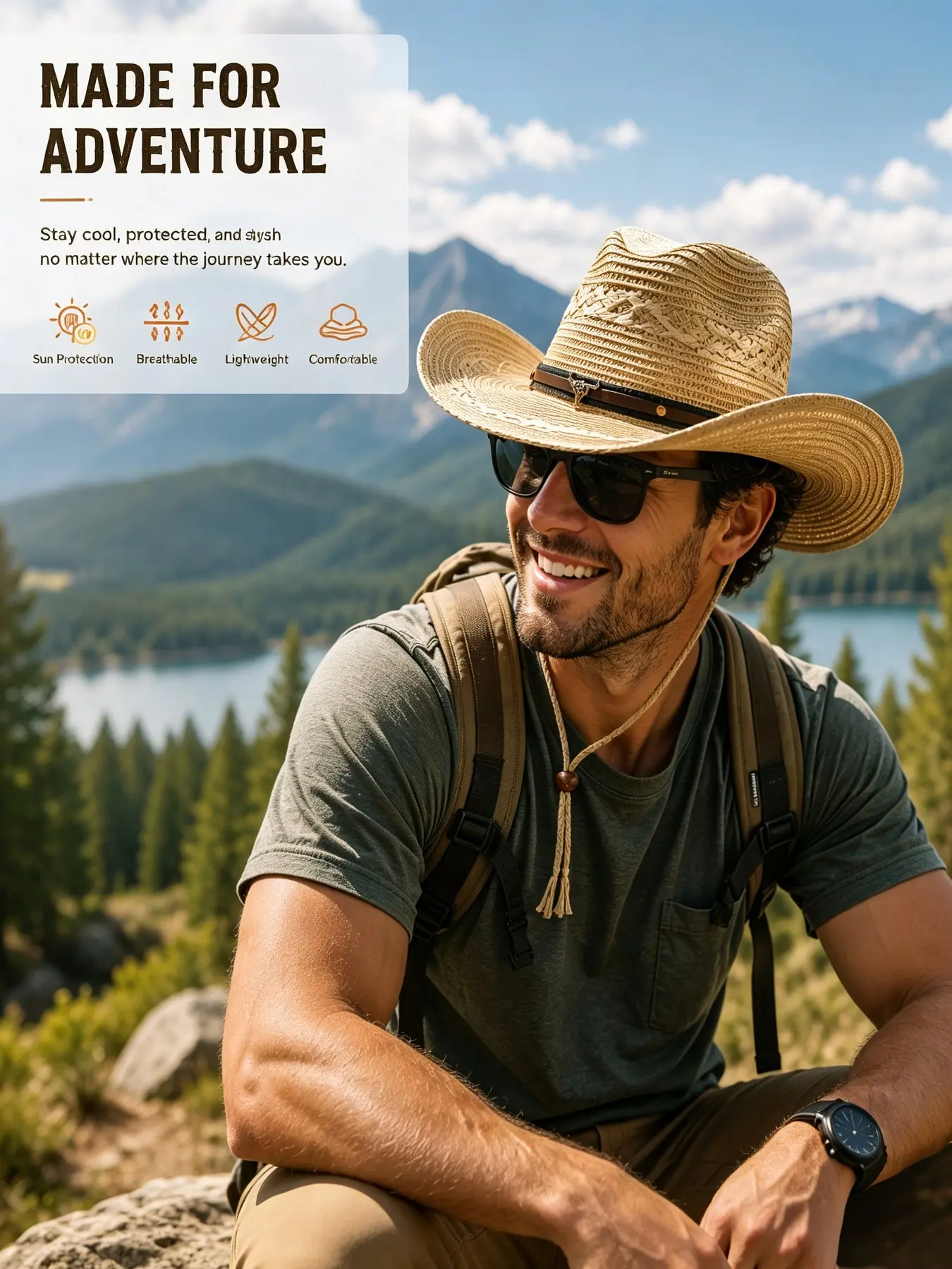 Women Men Foldable Straw Cowboy Hat, Wide Brim Packable Western Summer Hat with Adjustable Wind Strap, Lightweight Woven Outdoor Hat for Beach Camping Travel Daily Wear