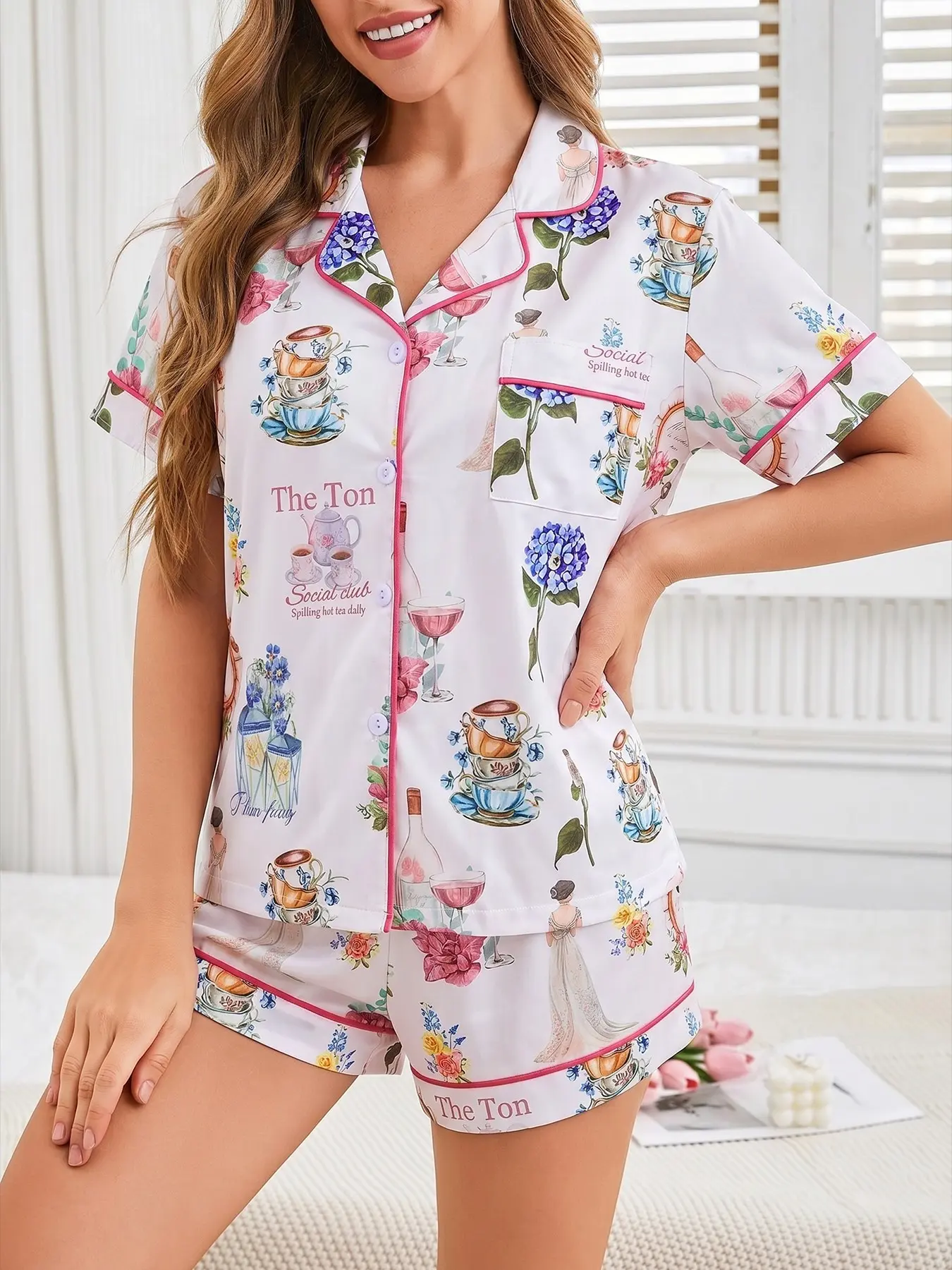 Women's 2-piece pajama set, Pyjamas with vintage afternoon tea, floral hydrangea prints on white base, pink contrast piping. Lapel short sleeve top with small pocket, soft elastic waist shorts, casual loungewear for women daily wear