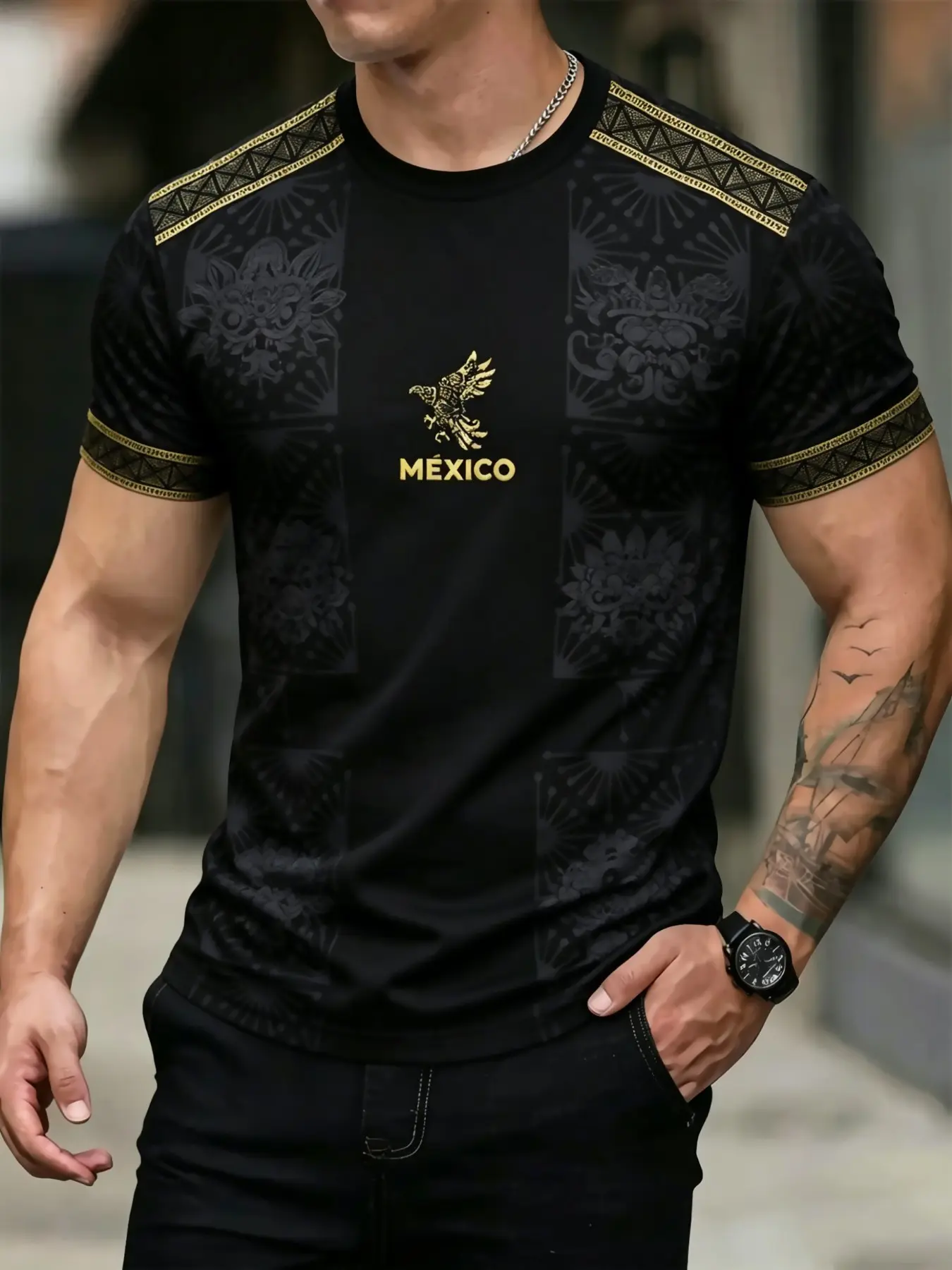 Men's Mexican Eagle Aztec Print Round-Neck Short-Sleeve T-Shirt, Casual Sport Top, Breathable Summer Street-Style Loose-Fit Sporty Tee, Breathable Sports Shirt