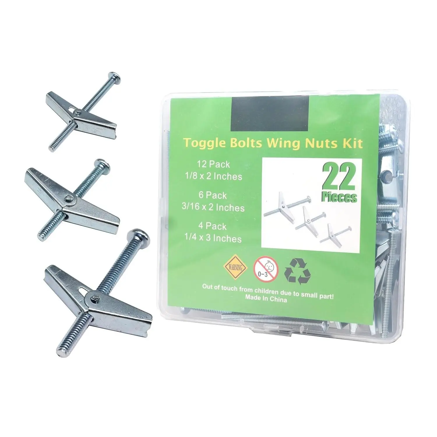 22-Count Heavy Duty Toggle Bolt Kit for Drywall Ceilings, Gypsum Boards, Hollow Walls - 1/8", 1/4", 3/16" Auto Expansion Hollow Wall Insert Bolts with Wing Nuts for Light Fixtures, Toggle Bolts