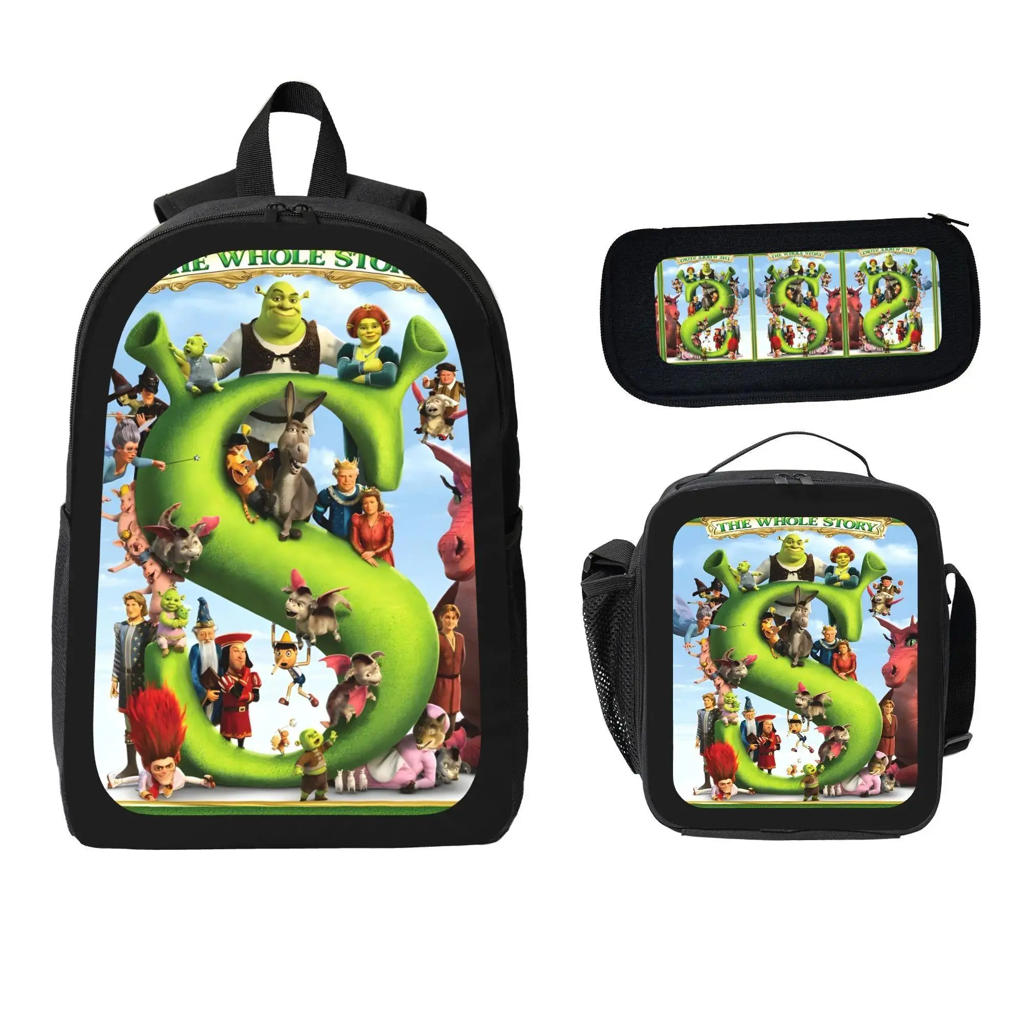 Shrek Cartoon Character 3pcs Backpack Set - Funny Bag, Polyester School Backpack, Pencil Bag, Lightweight Lunch Box for School, Zoo Use, Party, School Backpacks