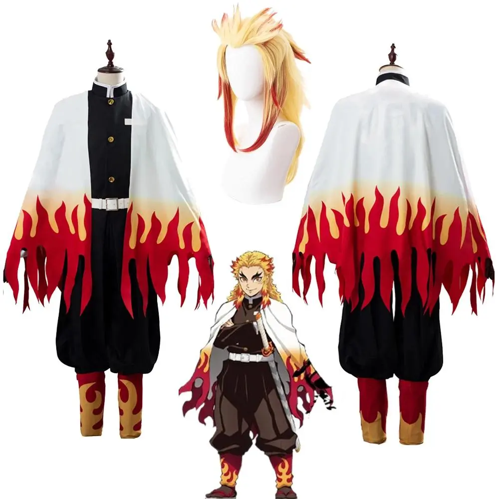 Rengoku Kyoujurou Demon Slayer Anime Cosplay Set Pack for Adult Men, Spandex Blend Outfits with Wig, Halloween Party Roleplay Disguise Clothes