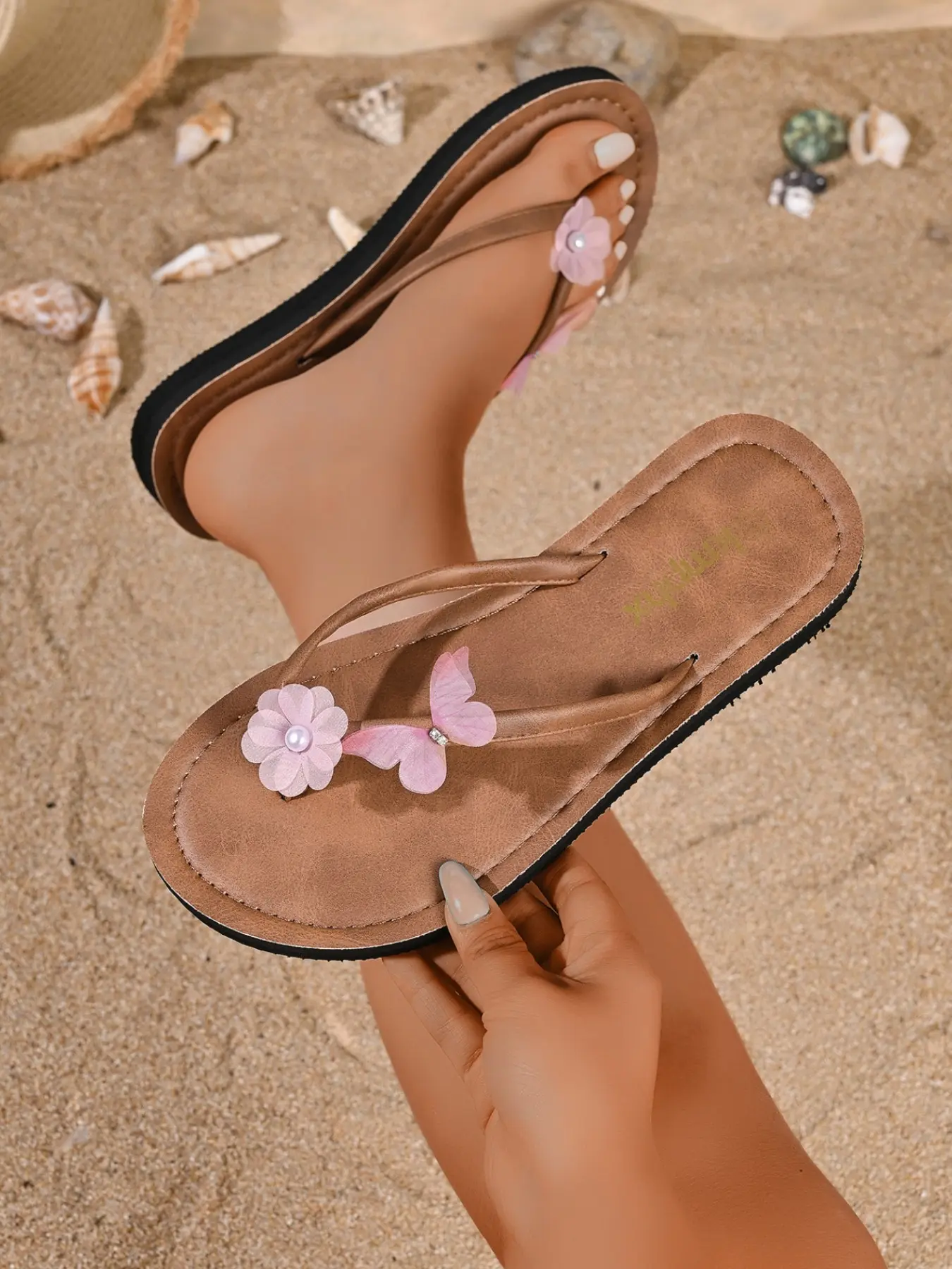 Fashion Women's Soft Cushioned Pearl Fabric Flower Butterfly Sandal, Summer Matte Beach Casual Flip Flops, Refreshing Countryside Style