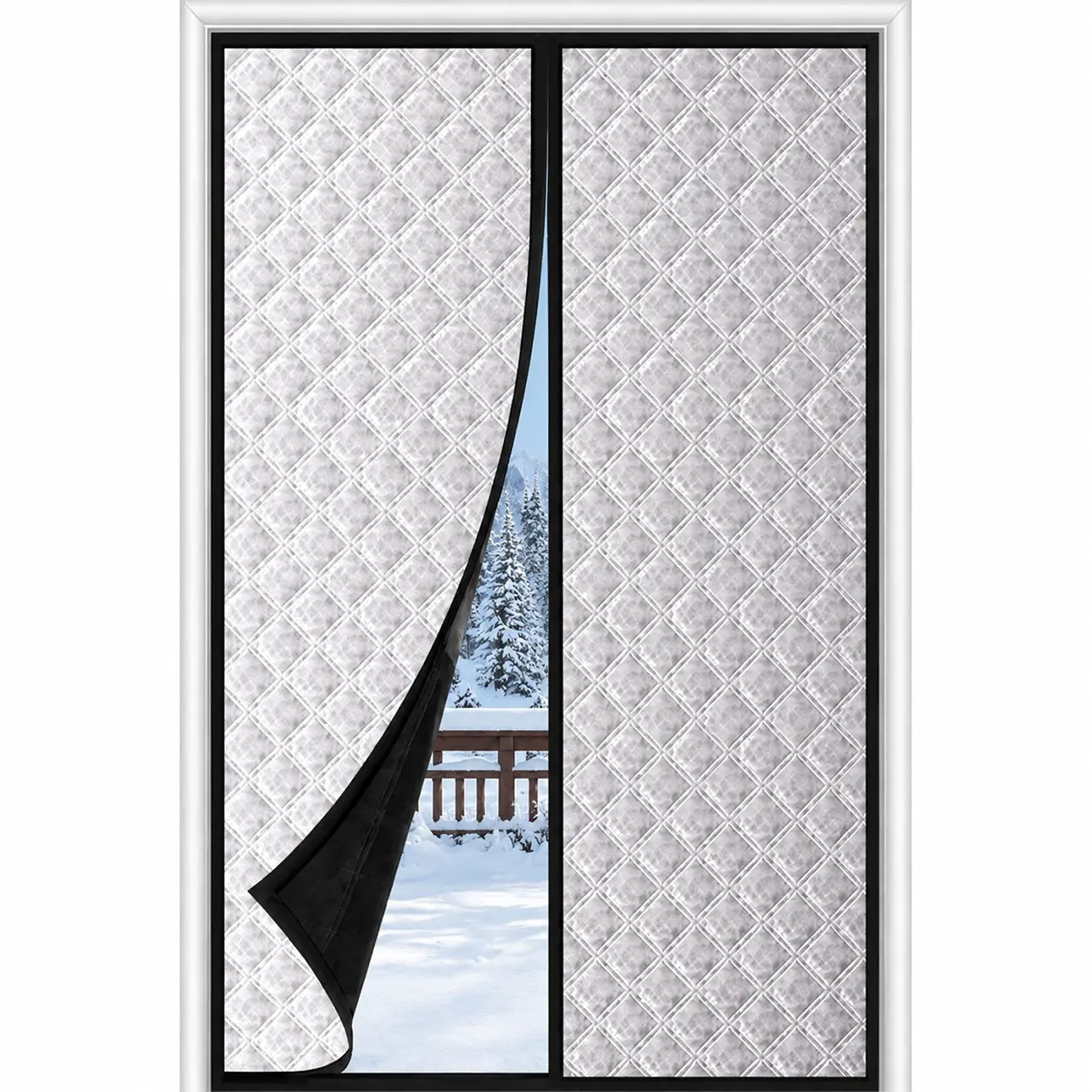 Winter Thermal Door Curtain, Windproof Insulated Magnetic Door Cover, Silver Diamond Quilted Blackout Curtain, No Drill Installation, Cold Air Blocking Panel for Bedroom, Balcony, Patio and Sliding Doors