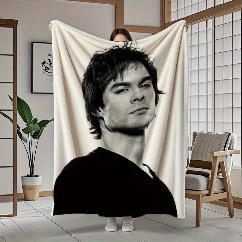 Custom Black and White Cotton Blanket - Personalized Full Print Traditional Actor Photo, Wrinkle Resistant, All Seasons, Durable, Soft, Breathable Bedding, Machine Wash, Suitable for Beds & Sofas, Iconic Fan Gift