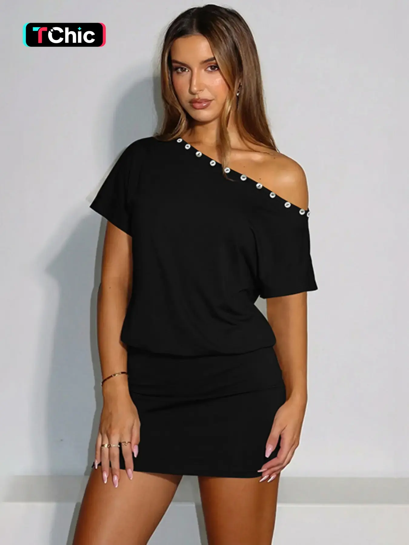 Women Summer Short Sleeve One Shoulder Party Club Bodycon Basic Mini Dress Bodycon Fit Dress