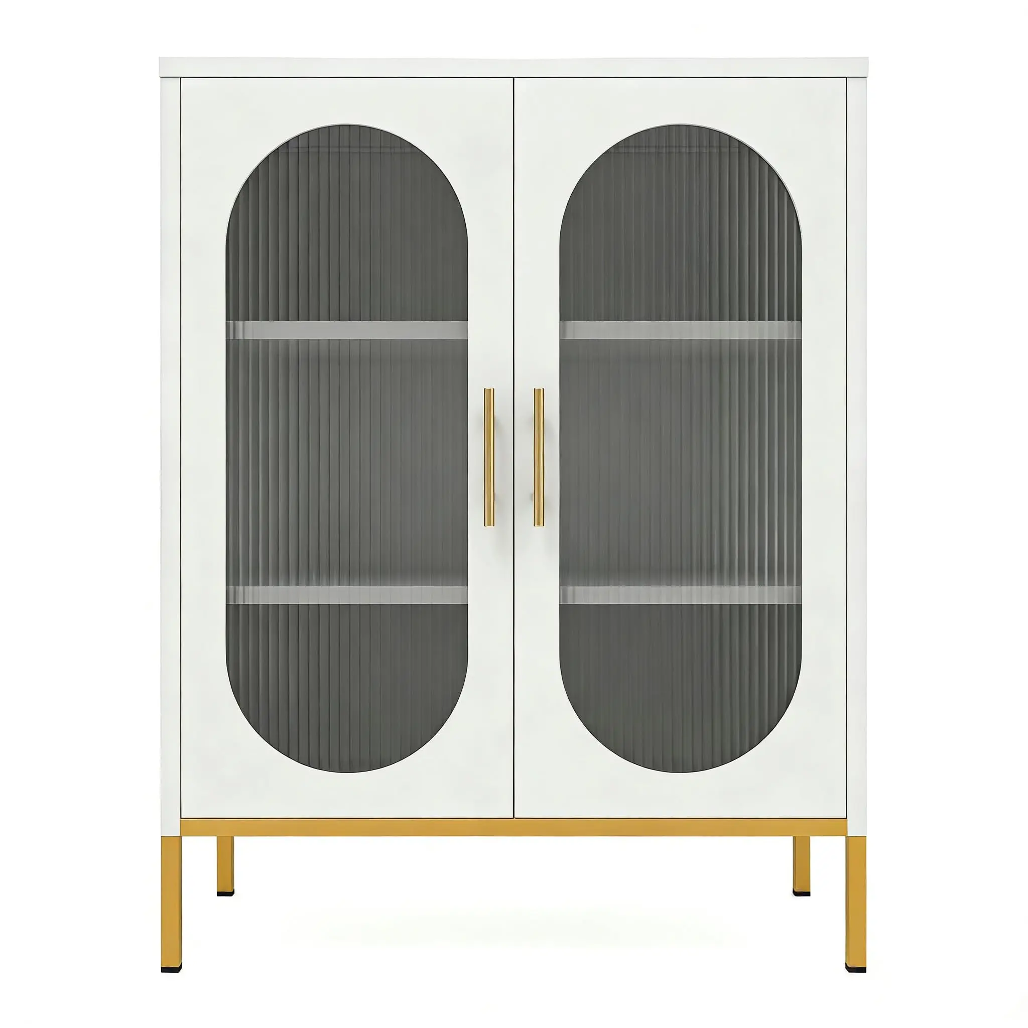 31.5 Inch Modern White Sideboard Storage Buffet Cabinet, Freestanding Accent Cabinet with 2 Fluted Glass Doors, Triple Interior Shelves, Gold Metal Legs & Gold Handles for Living Room Storage
