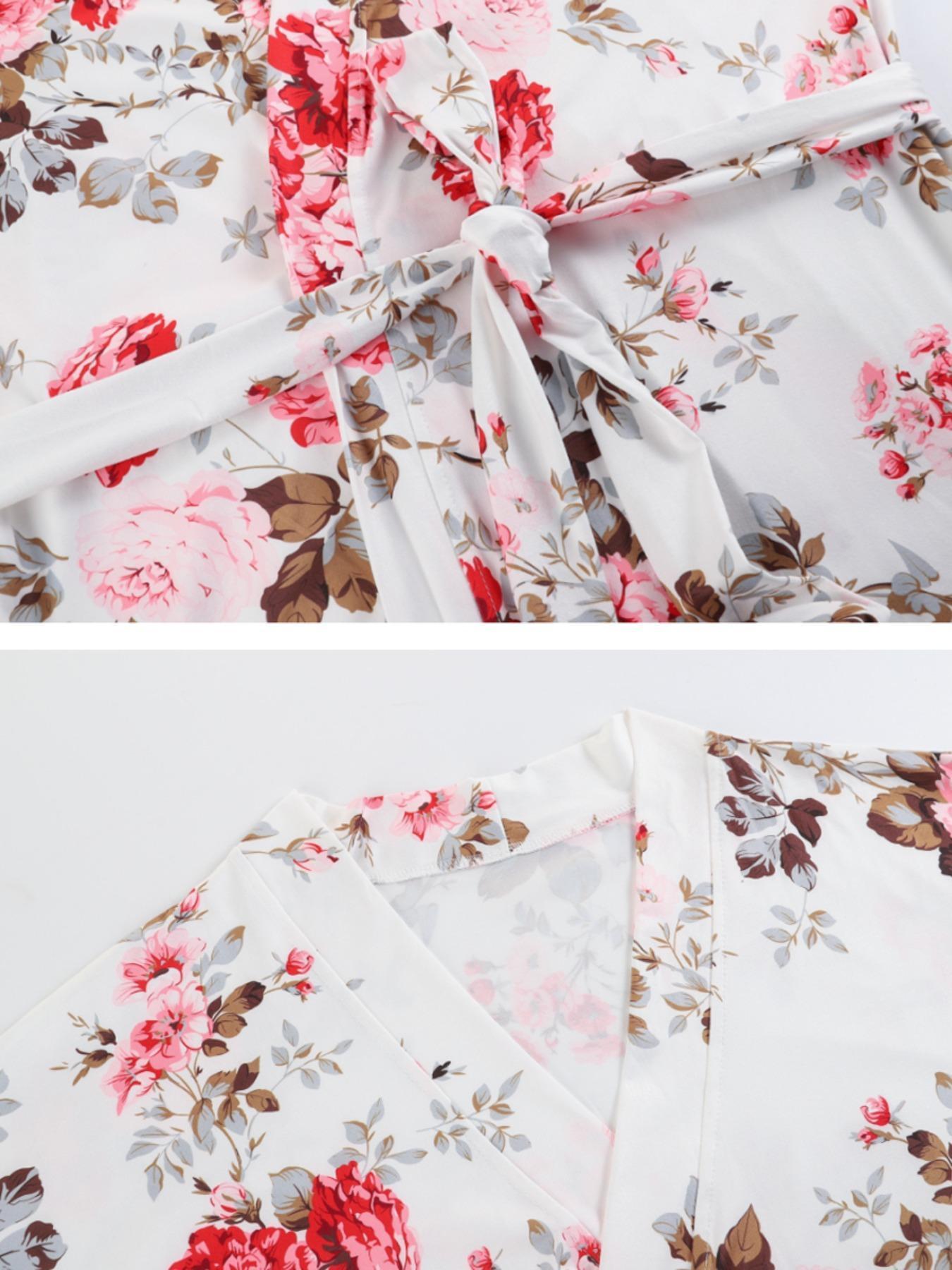 Women's All Over Floral Print Pajama Set, Long Sleeve Open Front Outwear & Pants & Cami Top, Casual Comfy Fitted Sleepwear Set for Women