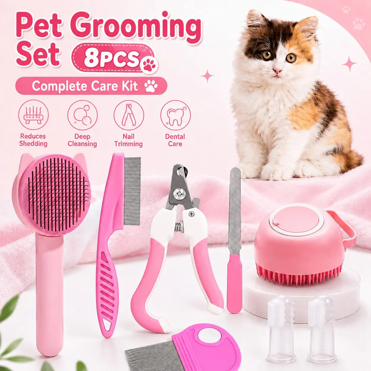 8-Piece Pet Grooming Kit, Dog Cat Brush Comb Set, Nail Clipper, Flea Comb, Bath Brush, Toothbrush, Blue/Pink Pet Care Tools, Supplies