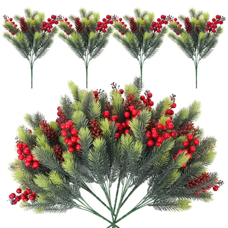 8pcs realistic Christmas greenery set, including fake holly berries and pinecones, lightweight imitation pine branches, suitable for Christmas and Thanksgiving decorations, home table arrangements, home centerpieces, and garden settings.
