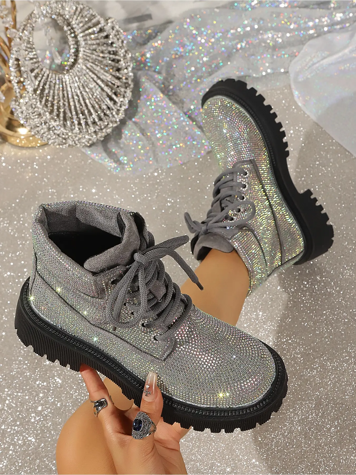 Women's Full Rhinestone Platform Combat Boots, Lace-Up Ankle Booties, Fashion Booties, Heavy Bling Diamond Chunky Heel Height Increasing British Style Work Boots