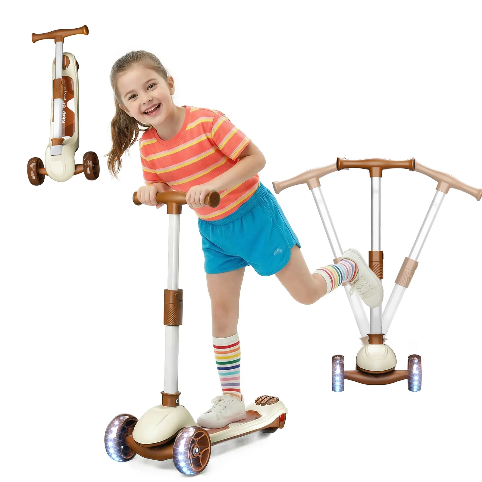 Kids' 2-in-1 Folding 3-Wheel Scooter-Trike with Removable Seat, LED Light-Up PU Wheels, Lean-to-Steer, Adjustable Handlebar for 3-14 Years, Grows with Your Kids, Family Outings (Sports & Outdoor Equipment)