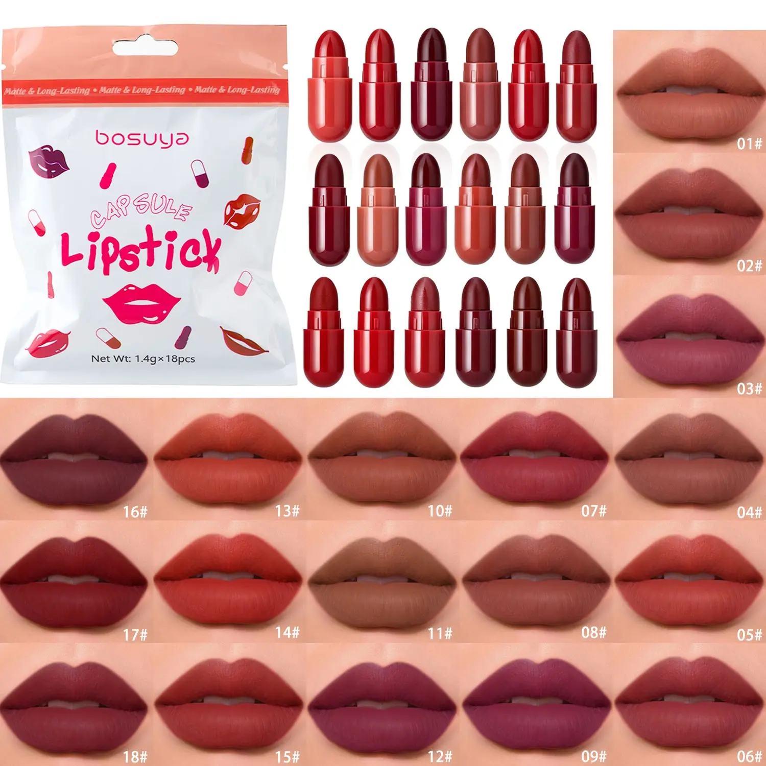 Matte Lipstick 18-Color Capsule Lipstick Set: Mini Design for Portability & Practicality, Features Long-Lasting Water-Resistant Property, Relatively Transfer-Proof, Meets Needs for Trying Various Color Makeup Looks