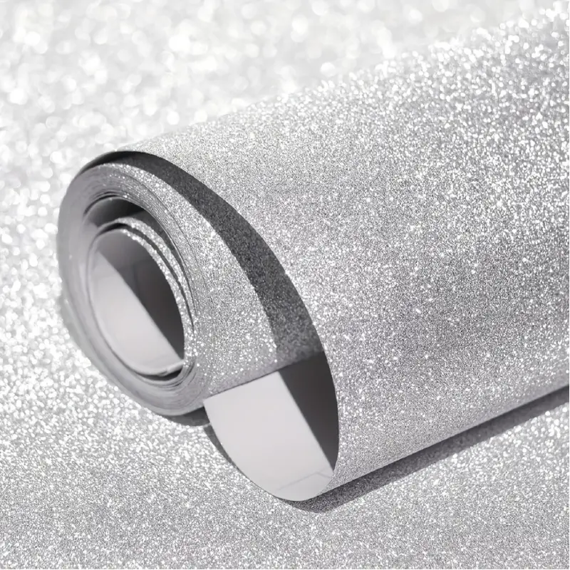 1 Roll Silver Glitter Self-Adhesive Wallpaper, 17.7 x 78.7 inches Sparkle Peel and Stick Vinyl Contact Paper, Removable Glittery Wall Stickers for Bedroom Living Room Accent Wall DIY Decor, Shimmer Easy Application Party Decoration