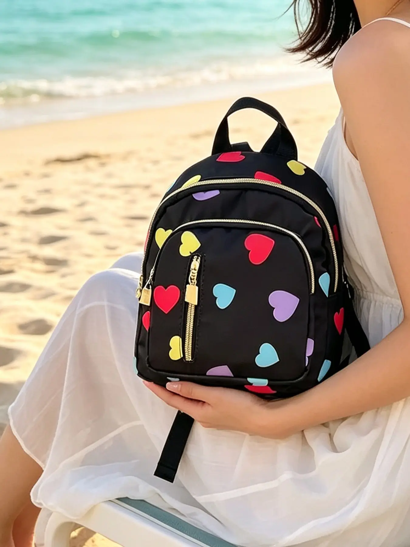 Women's Heart Print Mini Backpack, Lightweight Waterproof Nylon, Boho Style, Versatile Shoulder Bag, Perfect for Beach, Travel, Daily Use