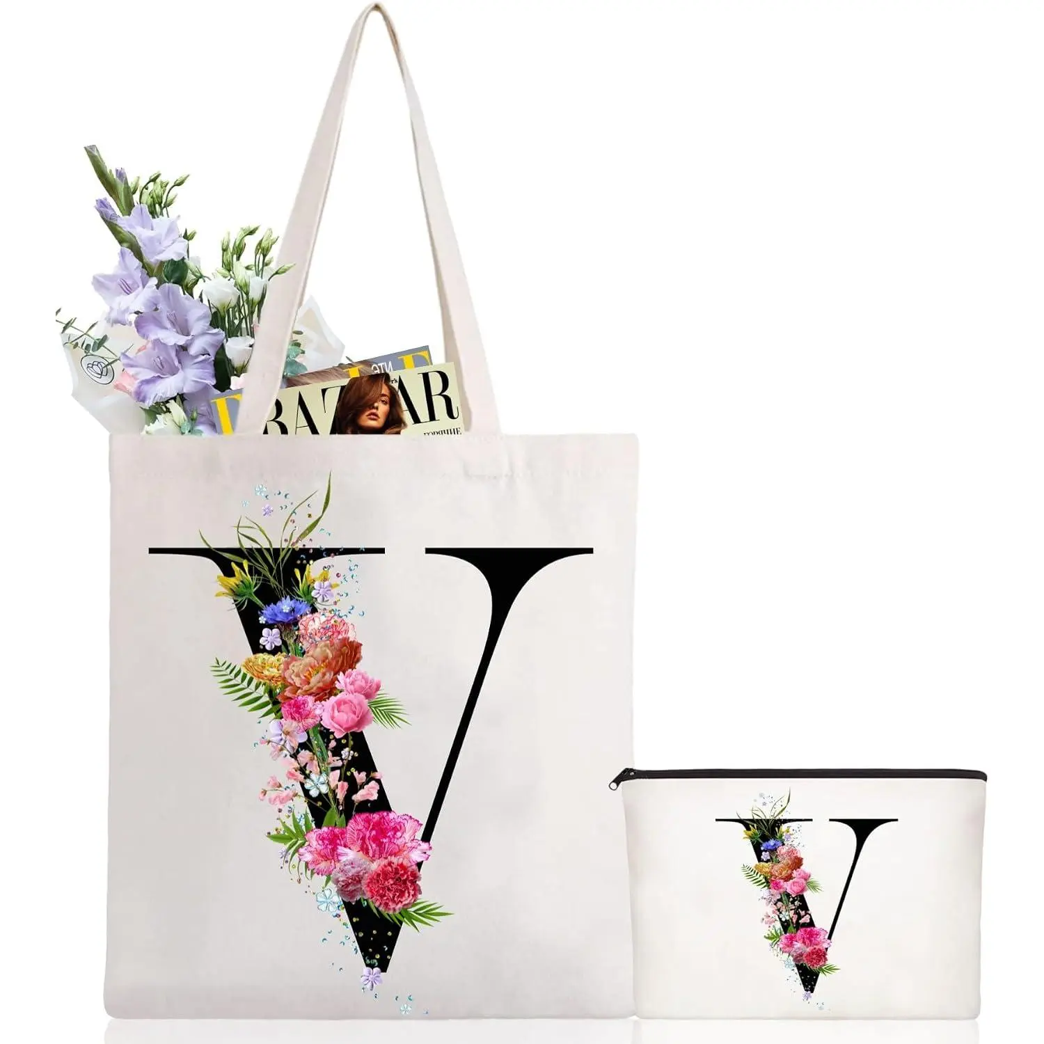 Initial Canvas Tote Bag Floral Letter Personalized Makeup Bag Monogrammed  for Bridesmaids Birthday Wedding