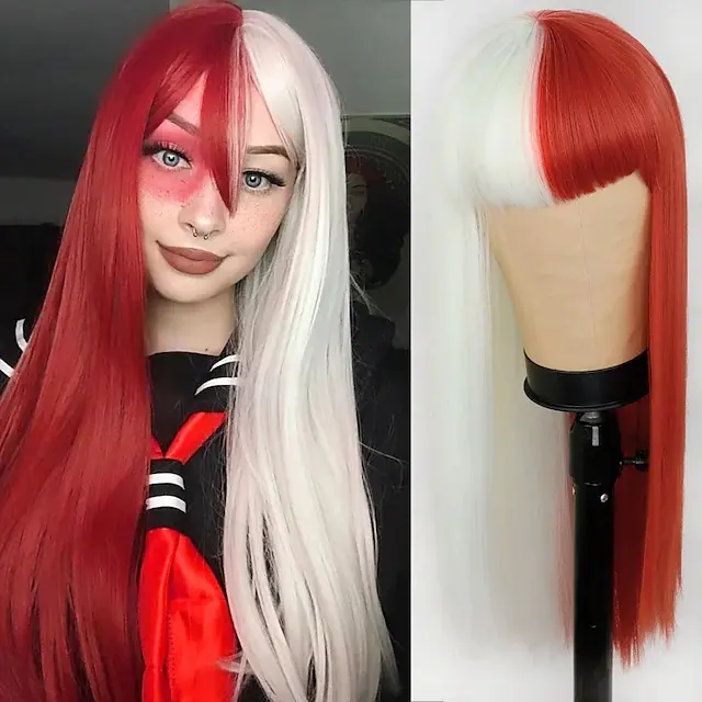 Synthetic 2-Tone Long Straight Wig with Flat Bangs, Full & Easy-Care, Multi-Color Options for Halloween Cosplay & E-Girl Aesthetic, Pink Santa Style, Long Wig, Two-Tone