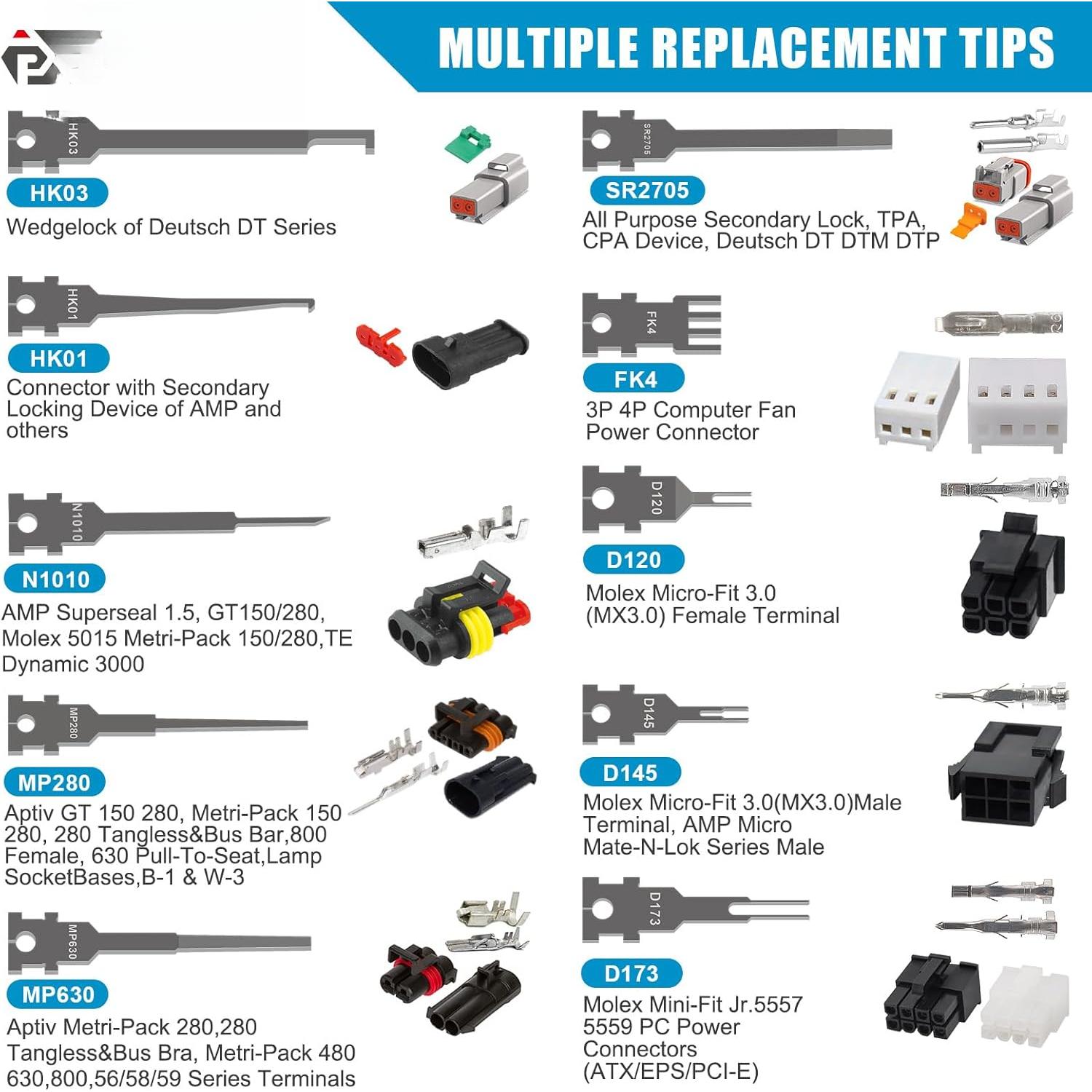 ST5348 10 count Pin Extractor Tool Kit, Double Tip Replacement Universal Automotive/Computer Repair Terminal Release Tool Kit, Suitable for AMP/Metri Pack/Molex/Deutsch DT DTM DTP Connector